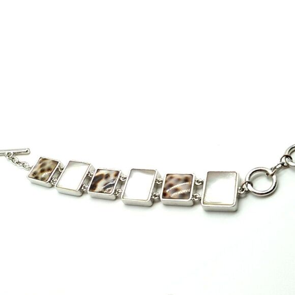 Lia Sophia SUMATRA MOP Tiger Shell Silver Adjustable Toggle Link Bracelet - Picture 4 of 6